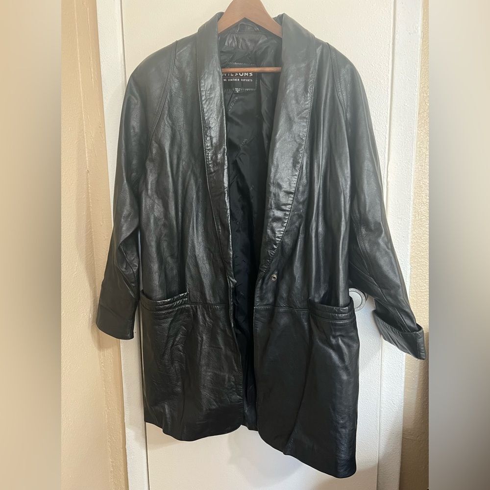Vintage Wilsons Leather Long Jacket Women’s Sz M Black Mobwifes QuietLuxury Y2K